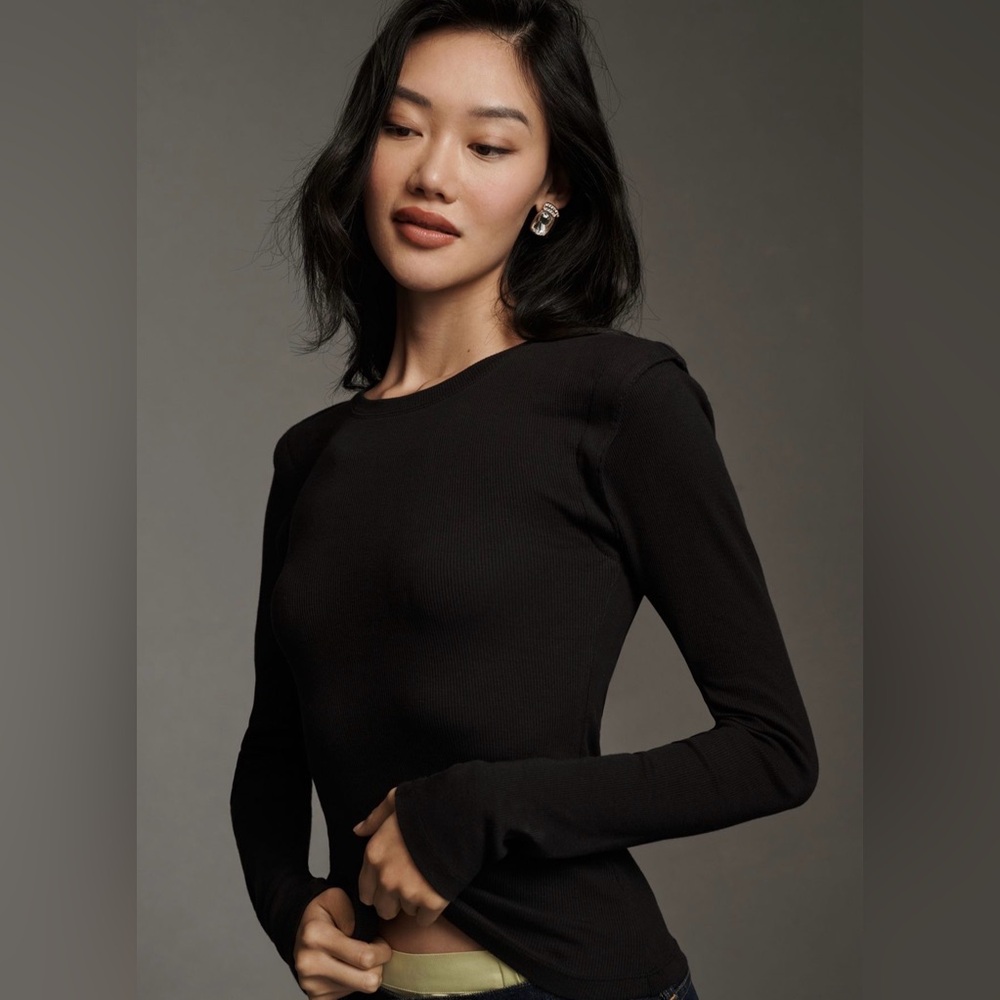 Anthropologie Maeve Long-Sleeve Ribbed Layered Top: Black